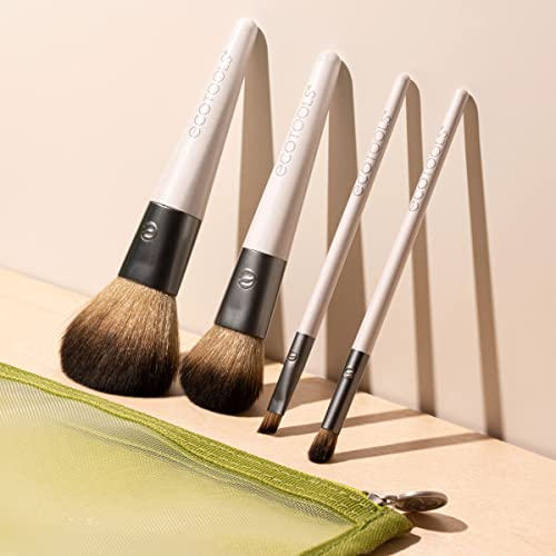 EcoTools On-The-Go Makeup Brush Kit, Travel Makeup Brush Set | Easy touch-ups anywhere with travel makeup brushes for face and eyes, mini makeup brushes with synthetic hair, plus brush bag - size: 4 Piece Set
