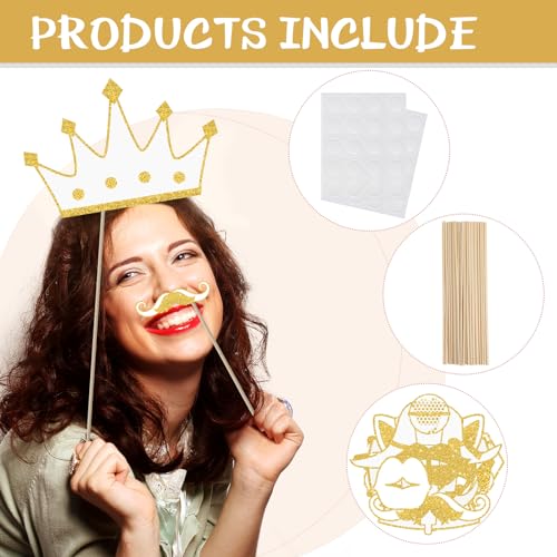 Zonon 24 Pcs Photo Booth Props Set Black Gold Birthday,White and Gold | Props on Sticks for Wedding, Reunion, Prom, Includes Mustache, Hats, Glasses, Ties, Lips, Crowns, Fun Party Accessories - color: White and Gold