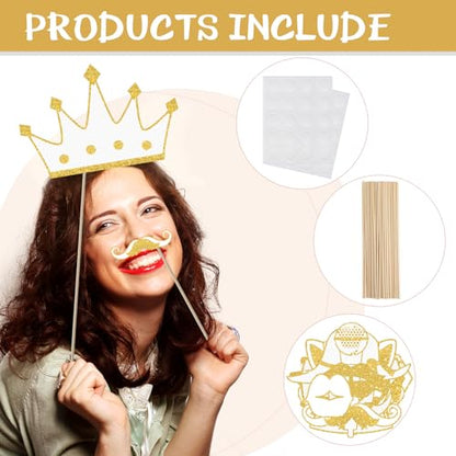 Zonon 24 Pcs Photo Booth Props Set Black Gold Birthday,White and Gold | Props on Sticks for Wedding, Reunion, Prom, Includes Mustache, Hats, Glasses, Ties, Lips, Crowns, Fun Party Accessories - color: White and Gold