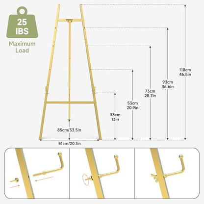 Gold Easel Stand for Sign, 47" Heavy Duty Metal Display Easel | 4-Tier Art Easel with Adjustable Chain, for Painting, Wedding Sign, Posters & Commercial Display