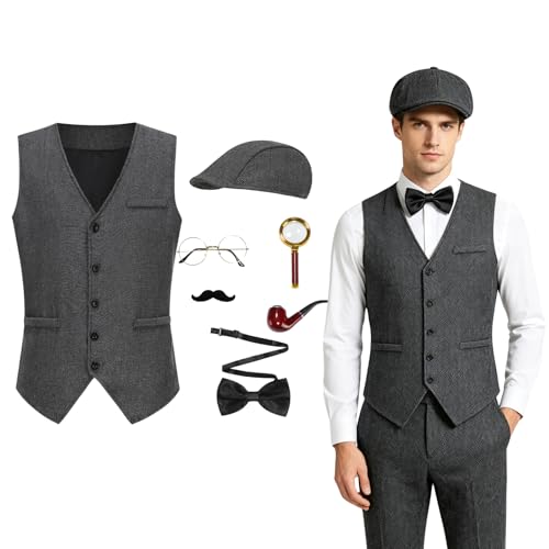 Colorful House Adult Classic Detective Costume Set for Men Vintage Gentleman Outfit Halloween Cosplay - color: Light Gray, size: X-Large