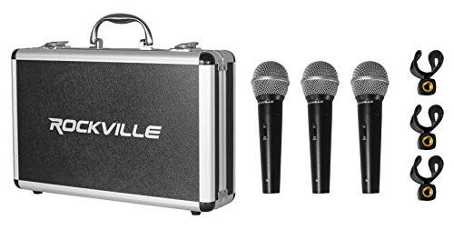 Rockville DX15 15" Powered DJ PA Speaker Pair with Mackie ProFX10v3 Mixer | 2000W Peak / 500W RMS Each, Class D, XLR Outputs, RMC-3PK 3 Microphones, 2 Tripod Stands, 5 XLR Cables, 9-items