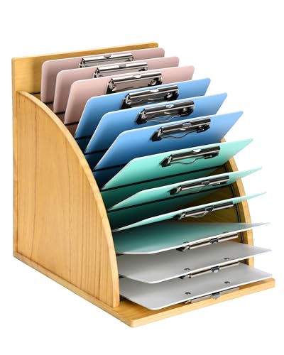HULISEN Clipboard Holder, Wooden Clipboard Organizer Storage with 12 Slots | High-Rise Side Panels, Dual Carry Handles, Teacher Organization for Classroom Office, Easy Assembly, Clipboards Not Included - style: Natural