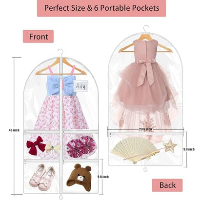 4 Pack 40" Clear Dance Garment Bags for Costumes Hanging, with 4 Medium Clear Zipper Pockets and 1 Large Back Zipper Pocket, Clothes Protector Cover for Travel Competition [Upgraded Version]