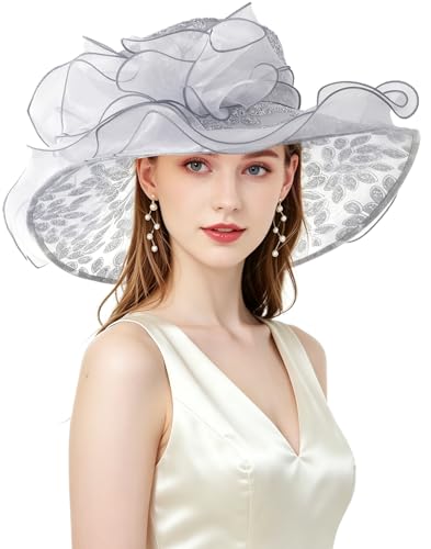 Women Derby Fascinator Hat Organza Church Wedding Hats Wide Brim Cocktail Tea Party Hat - color: 06 Grey