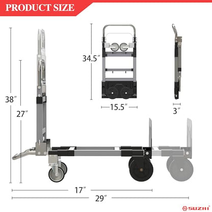 Suzhi Foldable Hand Truck Moving Dolly Cart with 4 Wheels, 500 Lbs Load,2 Straps, Pre-Assembled, Save Room, Easy Folding Dolly for Furniture, Appliances, Boxes, Warehouse & Office Transport - color: Silver