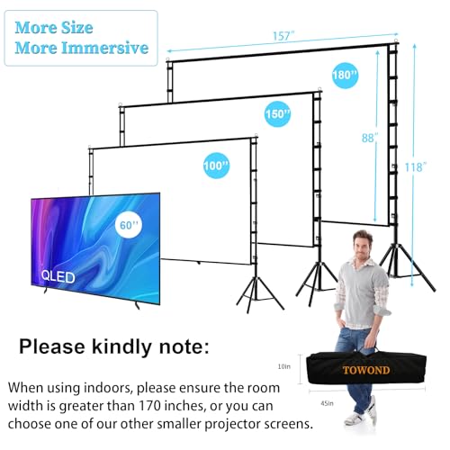 TOWOND Projector Screen and Stand, 180 inch Outdoor Projector Screen 15 FT Large Projection Screen, Portable 16:9 4K HD Rear Front Movie Screen with Carry Bag Wrinkle-Free Design for Backyard Theater