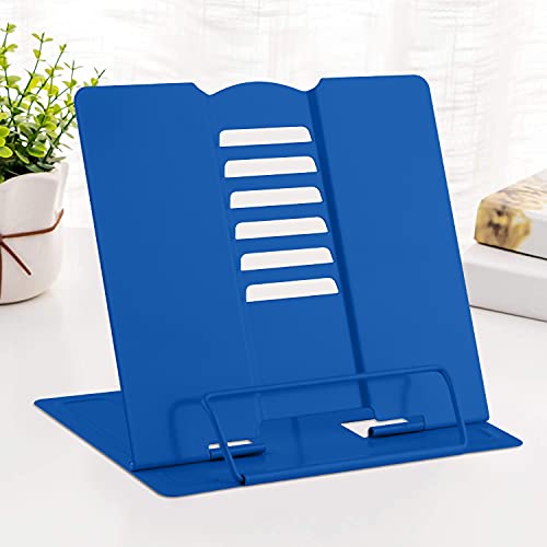 MSDADA Desk Book Stand Metal Reading Rest Book Holder Adjustable | Cookbook Documents Holder Portable Sturdy Bookstands for Recipes Textbooks Tablet Music Books with Page Clips (Blue) - color: Blue