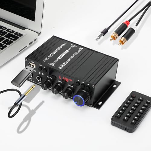 800W Amplifier Home Audio, Bluetooth 5.0, RMS 40Wx2, 2 Channel Amplifier with USB SD BT.C FM AUX for Home Theater Karaoke, Garage, Backyard, Theater, Outdoor, Poolside