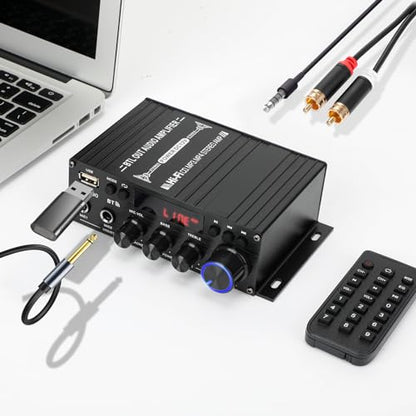 800W Amplifier Home Audio, Bluetooth 5.0, RMS 40Wx2, 2 Channel Amplifier with USB SD BT.C FM AUX for Home Theater Karaoke, Garage, Backyard, Theater, Outdoor, Poolside