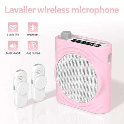 Voice Amplifier for Teachers, Portable Bluetooth Mini Personal Speaker with Wireless Lavalier Mic & Silicone Protective Cover, Ideal for Classroom, Conference and Tour Guide （Pink - color: pink