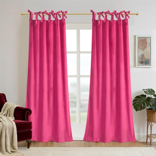Hot Pink Velvet Curtain Set- Curtains with Bows for Living Room/Bedroom W52 x L84-inch, 2 Panels - color: Hot Pink, size: 52"W x 84"L (Pack of 2)