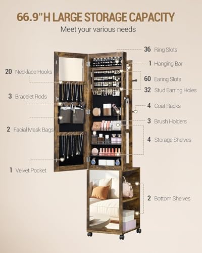 Hzuaneri 8 LEDs Jewelry Cabinet Armoire, 66.9-inch Jewelry Organizer - color: Toasted Oak