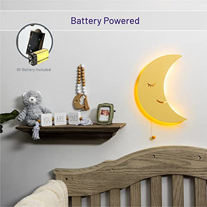 LumiDreams Moon Wall Night Light, Crescent Nursery Lamp for Kids Room | 17.7" x 11.5" | Hand-Painted Wooded Moon Light | Battery Operated | Pull Cord Switch | Wall Mounted Nursery decor