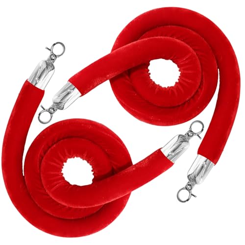 2PCS Red Velvet Stanchion Rope 5 Ft Crowd Control Ropes Barrier with Silver Hooks for Party - color: Red&Silver, size: 2PCS