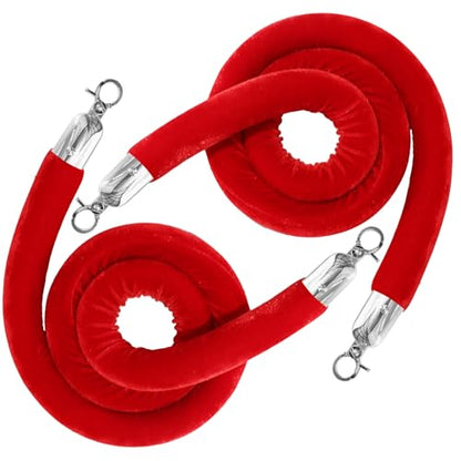 2PCS Red Velvet Stanchion Rope 5 Ft Crowd Control Ropes Barrier with Silver Hooks for Party - color: Red&Silver, size: 2PCS