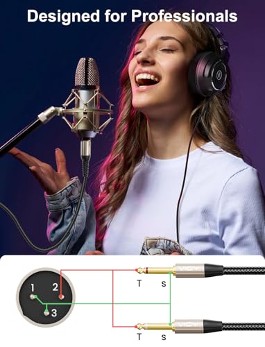 VIOY XLR to Dual 6.35mm Cable 15 FT, Balanced 1/4 TS to XLR Male Mic Cord | multi-layer shielding noise reduction, nylon braided balanced cord splits single mono signal into two mono outputs - size: 15FT