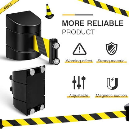 Landical 2 Pack 16.4 ft Magnetic Wall Mount Retractable Belt Magnetic Crowd Control Safety Retractable Wall Barrier with ABS Case, Safety Barrier for Grocery Retail Store (Yellow Black Rope) - color: Yellow Black Rope