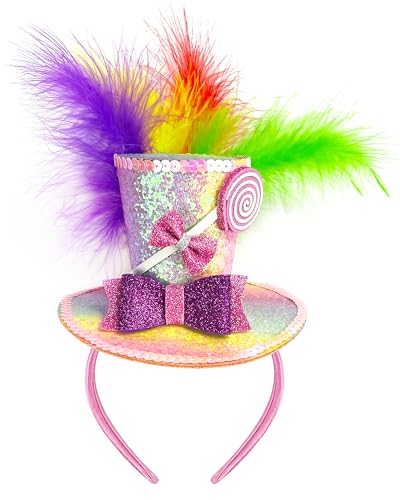 Hikkcos Mini Top Hat Headband with Feathers Mardi Gras Costume Parade Halloween Valentines Day Lollipop Theme Party Supplies - color: Pink