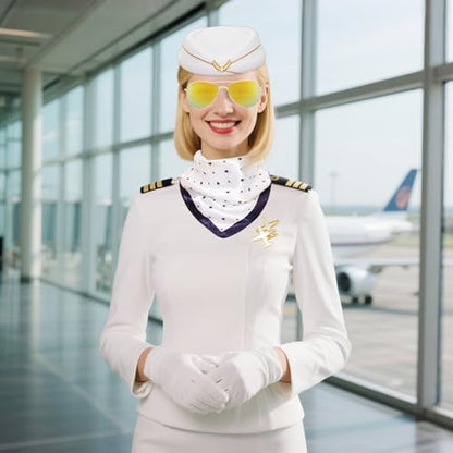 5 Pcs Flight Attendant Costume Accessories Women Airline Stewardess Outfits Flight Attendant Hat Pin Sunglasses Scarf Gloves - color: White