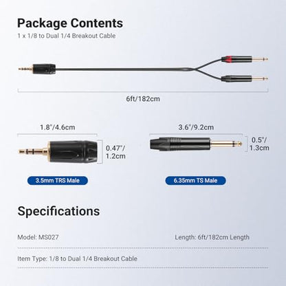 NEEWER 3.5mm 1/8 TRS to 1/4 Dual 6.35mm TS Breakout Cable, 6 ft Male to Male Stereo Audio Splitter Cord Adapter for Phone Tablet Laptop Computer Mixer Speaker Studio Monitor PA System, MS027 - size: 3.5mm（182cm）, style: Dual TS Male