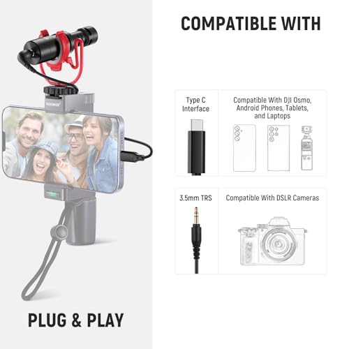 NEEWER VM10 Plug & Play Vlog Microphone for Camera, Mini Supercardioid Mic | 20-20KHz, Compatible with Sony Canon Nikon iPhone Samsung Android Tablet Mac, 3.5mm TRS, USB C OTG, Shock Mount, Windscreen - style: VM10