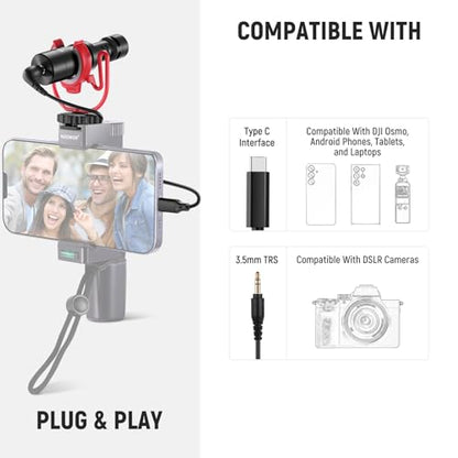NEEWER VM10 Plug & Play Vlog Microphone for Camera, Mini Supercardioid Mic | 20-20KHz, Compatible with Sony Canon Nikon iPhone Samsung Android Tablet Mac, 3.5mm TRS, USB C OTG, Shock Mount, Windscreen - style: VM10