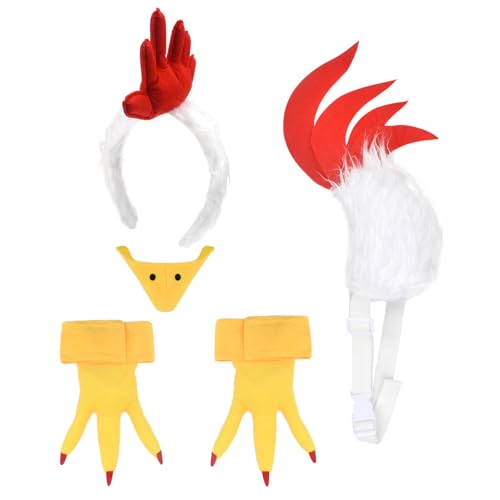 HODRME 5 Pieces Rooster Chicken Comb Headband and Tail Set-Fuzzy Rooster Headband with Tail Beak Nose Feet Cosplay Party Halloween Costume Accessories for Kids and Adults