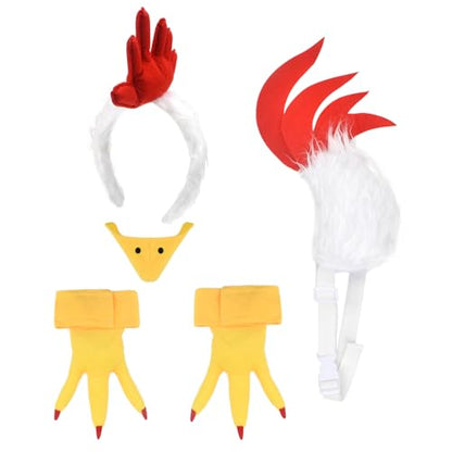 HODRME 5 Pieces Rooster Chicken Comb Headband and Tail Set-Fuzzy Rooster Headband with Tail Beak Nose Feet Cosplay Party Halloween Costume Accessories for Kids and Adults