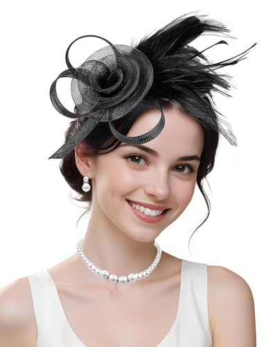 Fascinators Hat for Women Tea Party Tulle Mesh Headband Feather Hat for Women Veil Tea Party Hats - color: Black