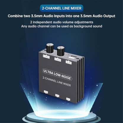 2 Channel Stereo Audio Mixer, 3.5mm Mini Audio Mixer Line Mixer, Low-Noise DC 5V Support Music Creation, Sub Mixing, Live Broadcast, As Guitars, Bass, Keyboards Mixer