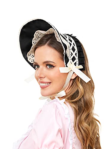 KUOIN Victorian Lace Bonnet Hat Colonial Headwear Carol Party Costume Sun Cap for Women - color: Black