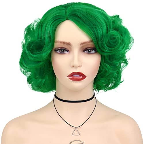 Short Curly Green Wigs For Women Cosplay St Patricks Day Costume Dress Up | Big Layered Wavy Synthetic Hair Halloween Costume Party Drag Queen Dress Up Dark Green Wig with Side Bangs Irish Queen Trendy - color: Green