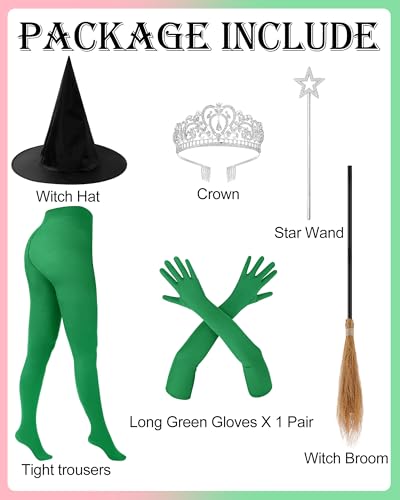 6 Pcs Halloween Green & Good Witch Costume Accessories Set Black Witch Hat, Broom, Green Gloves, Leggings, Princess Crown and Star Wand for Women Friends Musical Theater Cosplay Party