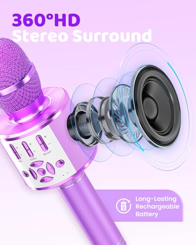 Amazmic Toys for Girls, Kids Karaoke Microphone Toddler Microphone for Kids with Lights, for Girls, Birthday New Year Party Boys Toy Age 3 4 5 6 7 8+(Light Purple) - color: Light Purple