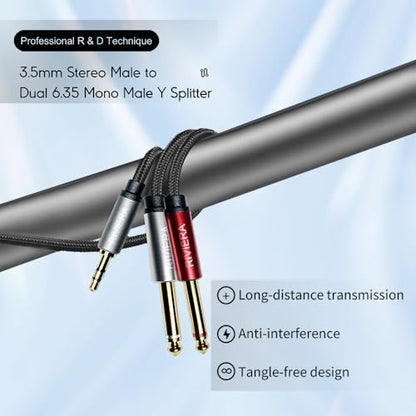 RIVIERA 20FT/6.0M Audio Cable 3.5mm 1/8" TRS to Dual 6.35mm 1/4" TS Braided Sheild Copper Wire and 24K Gold Plated Low Noise with Braided Nylon Jacket for Digital Players & Musical Instruments - color: 1/8 TRS-Dual 1/4 TS Black, size: 20FT/6.0M