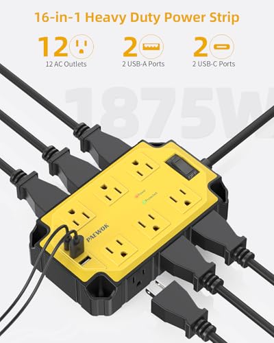 12AC Magnetic Heavy Duty Power Strip, 6.5 FT Extension Cord Surge Protector | PAEWOK 15 Amps/1200 Joules, 4 USB Ports (2 USB-C), Power Strip for Industrial Shop Garage, Yellow - style: 12AC+USB