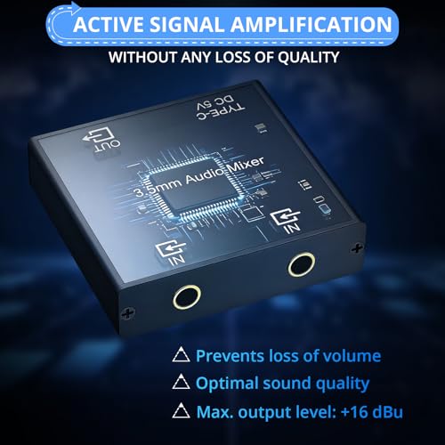 CAMWAY 3.5mm Audio Mixer 2-Channel,Clear Sound,No Echo,Dual-Device Mixing Output,Gold-Plated Connectors, Active Mixer Used with PC,Game Consoles,Phone,MP3 for Streaming,DJ,Home Recording,Desktop Audio - size: 2.2x2.2x0.6 in