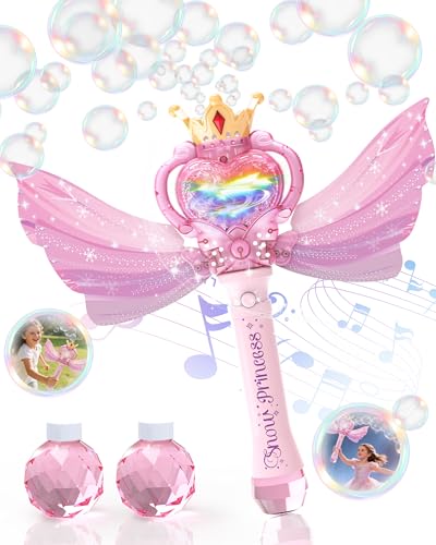 Princess Bubble Wand for Girls with Wings and Music | Light-up fairy bubble wand with detachable wings and 2 bubble solutions for birthdays and backyard play - color: Magic Wand