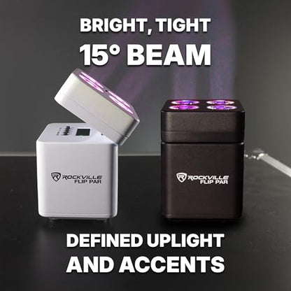 Rockville FLIP 4 Pack Black Battery Par Can Wash Light and Bag and Smart Charger with 4 Leads, Wireless DMX, 15 Hour Battery, 4 Group WiFi App, Easy Angle Adjustments | RGBWA+UV, Wireless DMX, WiFi App Control, 18-Hour Battery Life, Sound Activated, Smart