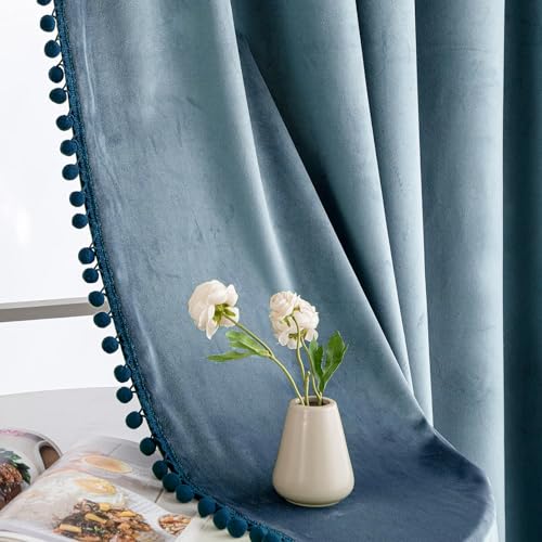 MIULEE Blue Pom Pom Velvet Blackout Curtains, W52 x L96, Set of 2 | Rod Pocket Curtains,Thermal Insulating,Blackout Curtains for Bedroom/Home Theater/Living Room Darkening - color: Dark Slate, size: 52"W x 96"L (Pack of 2)