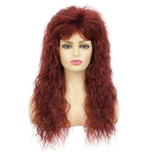 Red Long Curly Wig for Women 80s Rocker Wig with Bangs Synthetic Heat Resistant Wigs for Halloween Costume Cosplay Use - color: Red