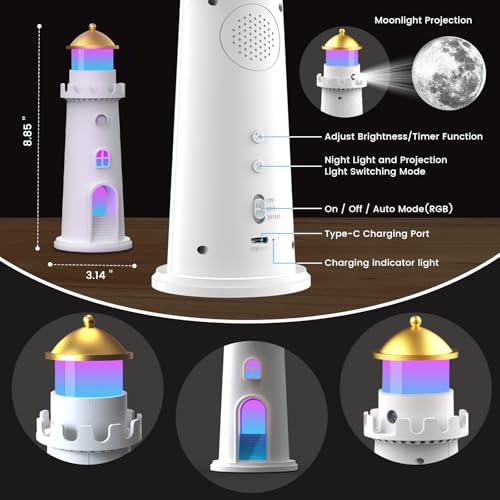 easuntec Moon Projection Night Light Color Changing, Rechargeable Dimmable Timer, RGB Night Light for Bedroom, Nursery, Kids, Adults, Moon Lighthouse Gifts for Girls Boys (RGB)