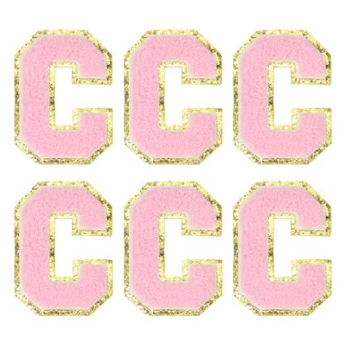 MECCANIXITY Chenille Letter Patches 3.1" Alphabet C Iron on Embroidered Patch Sew on Letter Stickers Applique for Repairing Clothing Jeans Shoes Hats DIY(Pink, Pack of 6) - style: Letter-C