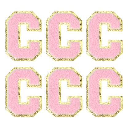 MECCANIXITY Chenille Letter Patches 3.1" Alphabet C Iron on Embroidered Patch Sew on Letter Stickers Applique for Repairing Clothing Jeans Shoes Hats DIY(Pink, Pack of 6) - style: Letter-C