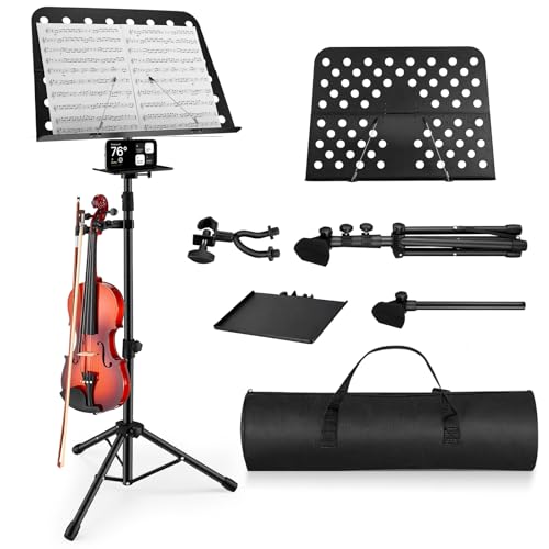 Vangoa Sheet Music Stand, Professional Portable Music Stand for Sheet Music with Violin Hanger, Folding Sheet Music Folder Music Instrument Stand with Carrying Bag, MD-3 - size: Music Stand + Violin Hanger