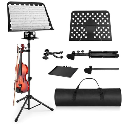 Vangoa Sheet Music Stand, Professional Portable Music Stand for Sheet Music with Violin Hanger, Folding Sheet Music Folder Music Instrument Stand with Carrying Bag, MD-3 - size: Music Stand + Violin Hanger
