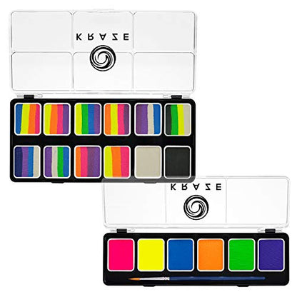 Kraze FX Neon Face & Body Paint Palette Set - Neon Pop 12 Split Cake Palette & 6 Neon Palette, Value Pack of Solid Neon Colors & Fun Neon Split Cakes with Brushes, Professional UV Painting Starter Kit - size: Neon Pop & Neon Face Paint Combo