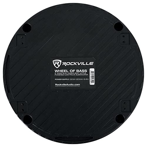 Rockville Wheel of BASS 8 Inch Slim Under-Seat Powered Truck/Car Subwoofer | 500W Peak, 125W RMS, Cast Aluminum, Metal Bass Knob, Auto Turn-On, High/Low Level Inputs, MOSFET