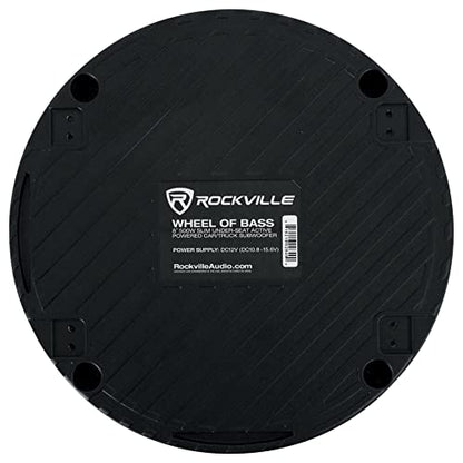 Rockville Wheel of BASS 8 Inch Slim Under-Seat Powered Truck/Car Subwoofer | 500W Peak, 125W RMS, Cast Aluminum, Metal Bass Knob, Auto Turn-On, High/Low Level Inputs, MOSFET
